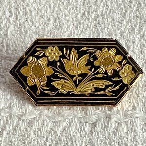 Damascene Floral Bird Brooch with Trombone Clasp